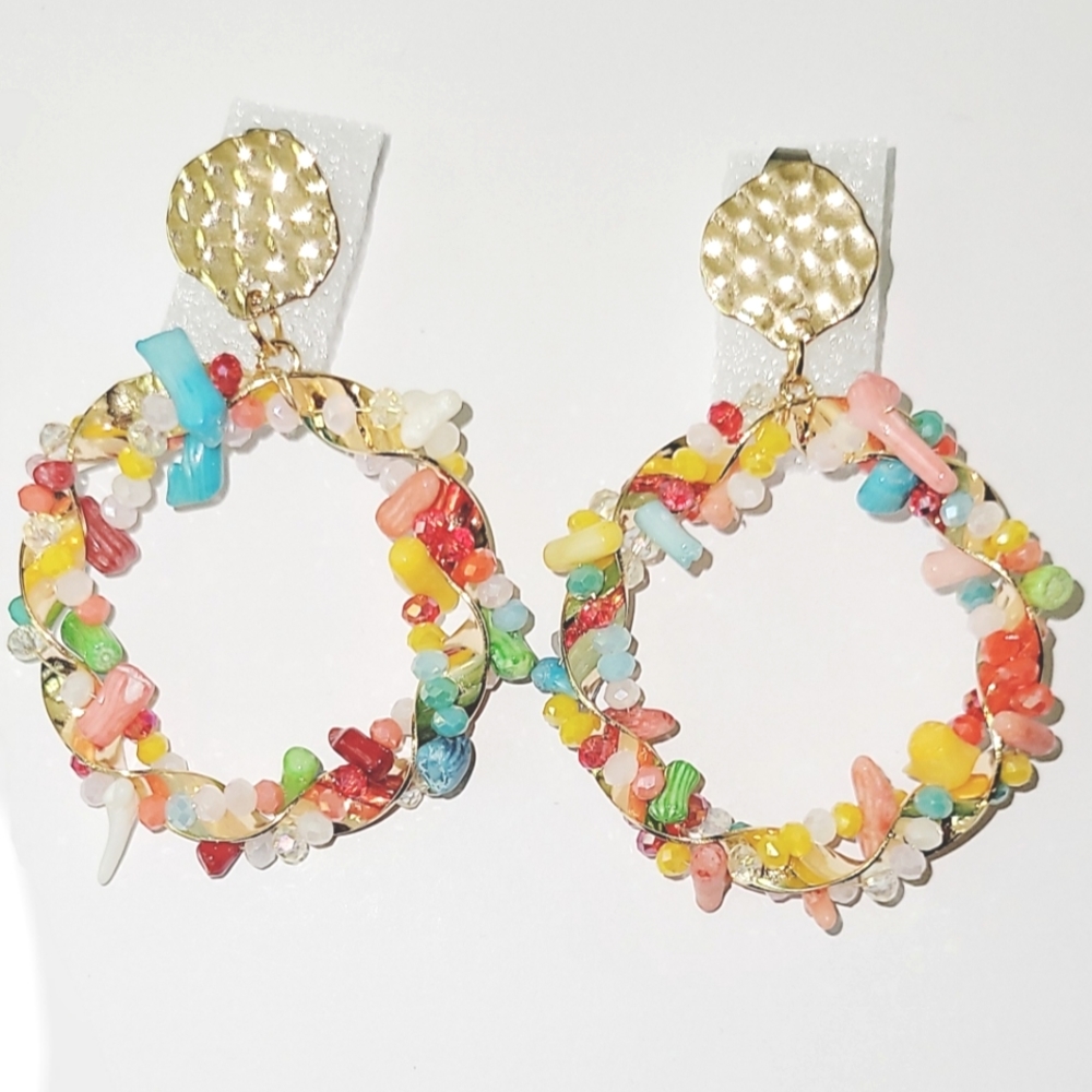 NEW! Multicolored Color Enhanced Coral & Glass Drop Hoop Earrings in Goldtone.